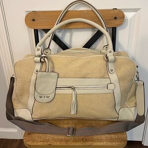 White + Warren Large Tan Canvas/Leather Duffle Bag. New. 20”long,11”tall,8”wide